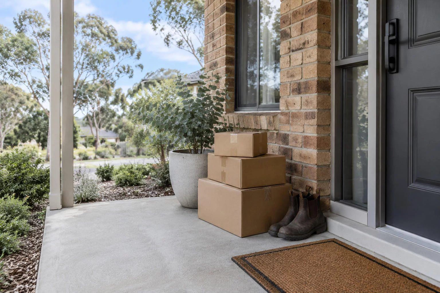 Parcels waiting on a front porch after a delivery