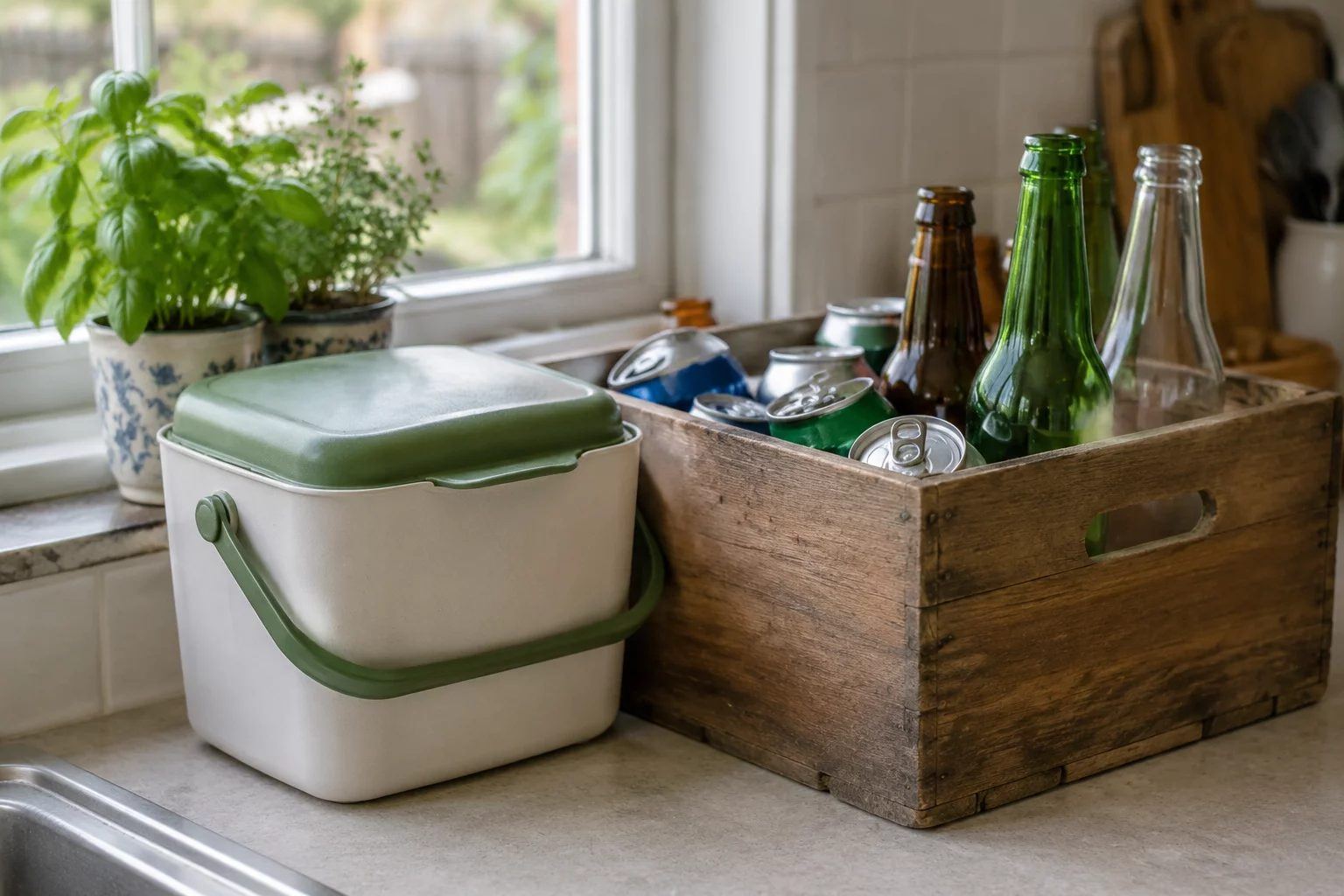 A food-scrap caddy beside sorted drink containers
